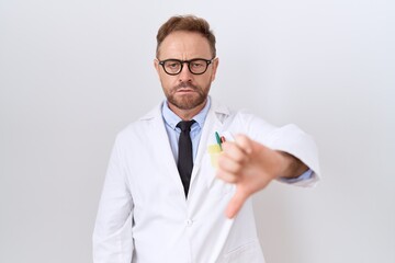 Poster - Middle age doctor man with beard wearing white coat looking unhappy and angry showing rejection and negative with thumbs down gesture. bad expression.