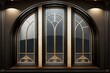 elegant panelled arched windows with shiny wooden trim and black panel, created with generative ai