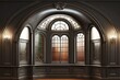 elegant panelled arched windows with shiny wooden trim and black panel, created with generative ai