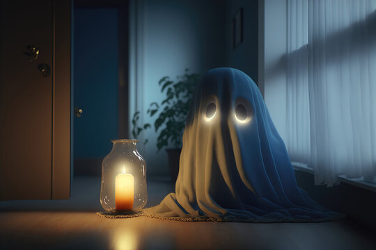 Fototapete - Ghost oltergeist flies around the house alone, night of the dead. Glowing white Ghost passes through the walls. 3d illustration