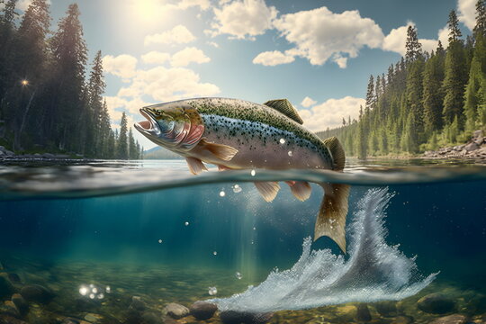 Fototapete - Fishing Rainbow trout fish splashing in the water of a forest lake. Fish jumps out of the river, clear water