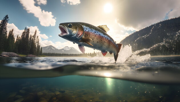 Fototapete - Fishing Rainbow trout fish splashing in the water of a forest lake. Fish jumps out of the river, clear water