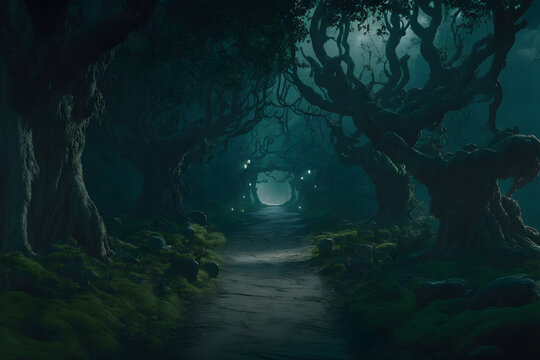 Fototapete - Creepy path through a scary gloomy forest. Curved old trees along a dirt road. Fantasy magical forest, wet fog