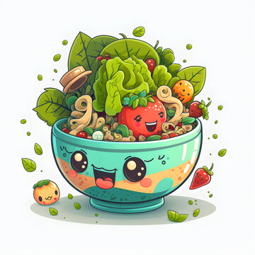 Fototapete - Salad bowl fruits vegetables, healthy food. Cute vegetables and berries in a plate, cartoon style