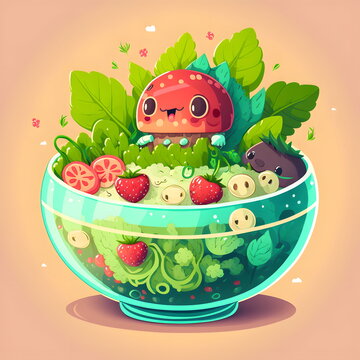 Fototapete - Salad bowl fruits vegetables, healthy food. Cute vegetables and berries in a plate, cartoon style