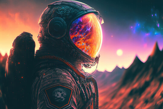 Fototapete - Astronaut astronaut looks into the distance on another planet, landscape. In search of other worlds