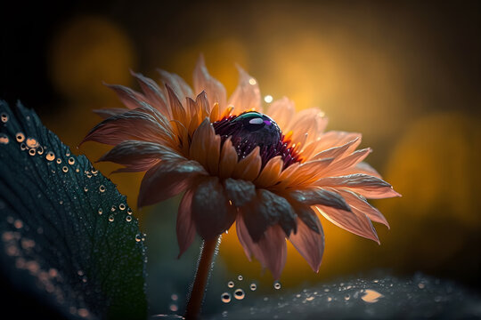 Fototapete - Dew on the lily flower, spring has come. Macro wet flowers grass in dew drops at dawn