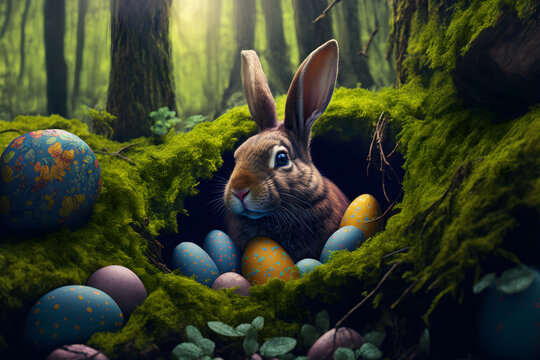 Fototapete - Easter rabbit in forest hole among Easter eggs. Fluffy rabbit is looking for colored decorated eggs in the forest grass near the hole in the form of an egg, sunlight