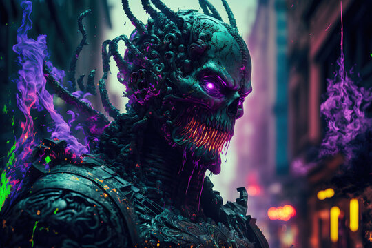 Fototapete - Tech demon made of slime with a giant armor made of ectoplasm on the street of a cyberpunk city. Magnificent hypermetamorphosis of the monster, illustration