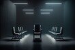 Several office chairs in a dark room are illuminated by beams of studio volumetric light. The concept of teamwork, leadership, success, job vacancy. AI generated.
