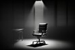 © photolas - An office chair in a beam of studio light in the middle of a dark room, a cinematic scene. Free vacancy concept, leadership, ideal candidate. AI generated.
