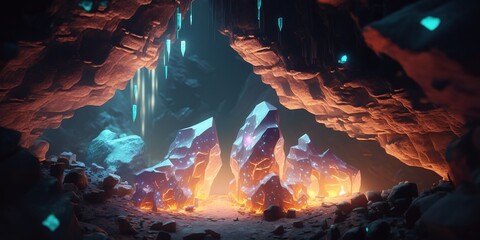 A magical cave with colored crystals and gems. A fairy tale mine, a fantasy dark landscape. AI generated.