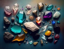 Beautiful Collection Of Crystals And Gemstones And Minerals On A Dark Background. Luxury Background, Stone Quartz, Glass Prism, Amber, Agate, Carnelian, Amethyst, Nuggets. AI Generated.