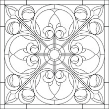 Stained Glass In Square Frame, Window On The Ceiling In Square Frame, Symmetric Composition, Vector Illustration Panel For Window. Outline Vector 