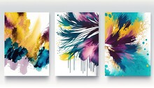  Three Abstract Paintings Of Different Colors And Shapes On A White Wall.  Generative Ai