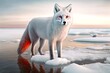 snow-white arctic fox with red eyes standing on frozen lake, created with generative ai