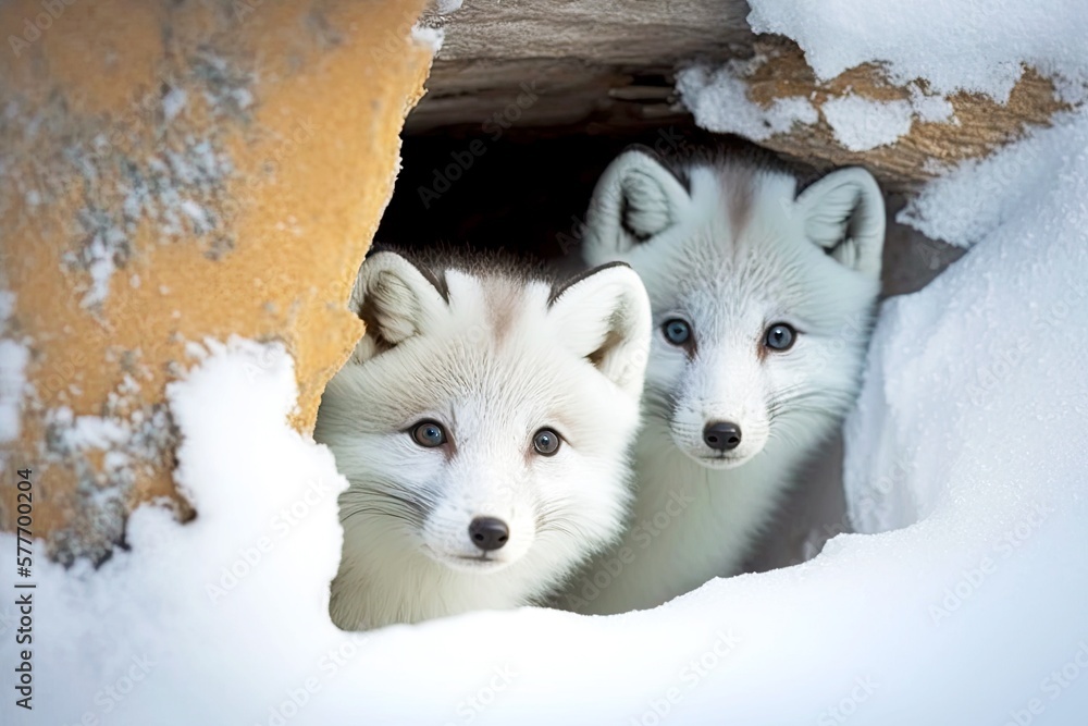 white fluffy arctic fox cubs peeking out of den in snow, created