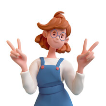 Portrait Of Cute Asian Red-haired K-pop Girl In Fashion Clothes Blue Overalls, T-shirt Shows Fingers Doing Peace Sign Victory Symbol Number Two, Successful Person. 3d Render Isolated Transparent