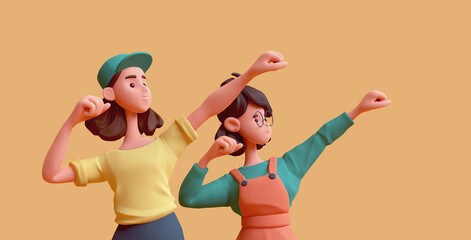 Two cute kawaii positive excited asian colorful active k-pop superheroes girls in fashion casual green orange yellow clothes in fighting pose, hands in fist, strong gesture, sports training. 3d render