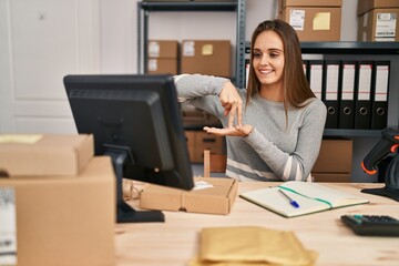 Canvas Print - Young blonde woman ecommerce business worker having online deaf language conversation at office