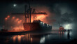 © ArgitopIA - seaport with container ships and cargo cranes on a foggy night, generative ai