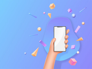 Poster - Smartphone kant, person hands hold phone with white blank screen, advertisement template. Man handful with mobile, online information, handle render, message concept. Vector cartoon people