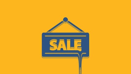 Wall Mural - Blue Hanging sign with text Sale icon isolated on orange background. Signboard with text Sale. 4K Video motion graphic animation