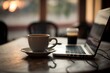 Capture the cozy ambiance of a coffee shop with a stunning close-up shot of a table adorned with a notebook, laptop, and a steaming cup of coffee, all set against a beautifully blurred background