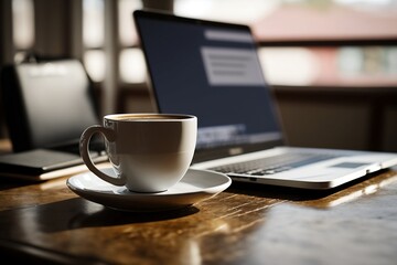 Sticker - Capture the cozy ambiance of a coffee shop with a stunning close-up shot of a table adorned with a notebook, laptop, and a steaming cup of coffee, all set against a beautifully blurred background