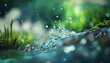 Leinwanddruck Bild - Beautiful spring detailed close up stream of fresh water with young green plants. Horizontal banner, springtime concept. Abstract outdoor wild nature background. AI generative image.