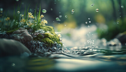 beautiful spring detailed close up stream of fresh water with young green plants. horizontal banner,