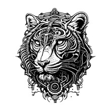 Fierce And Majestic Tiger Logo Depicted In A Steampunk Style, With Intricate Mechanical Details And Gears Giving It A Unique And Captivating Appearance