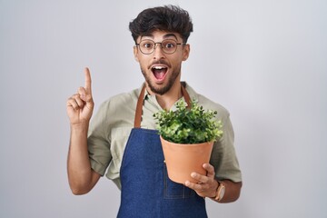 Sticker - Arab man with beard holding green plant pot pointing finger up with successful idea. exited and happy. number one.