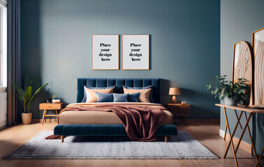Wall Mural - Midcentury Modern bedroom interior. double bed, bedding, blanket, pillows and cushions. Two frames on empty wall. Template for mockup. Generative AI