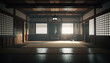 Oriental interior with window and mat on floor, sport hall for martial art classes. Indoor background. AI generative image.