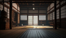 Oriental Interior With Window And Mat On Floor, Sport Hall For Martial Art Classes. Indoor Background. AI Generative Image.