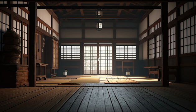 oriental interior with window and mat on floor, sport hall for martial art classes. indoor backgroun