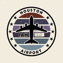 Houston Airport Insignia. Round Badge With Vintage Stripes, Airplane Shape, Airport IATA Code And GPS Coordinates. Artistic Vector Illustration.