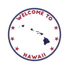 Wall Mural - Welcome to Hawaii stamp. Grunge island round stamp with texture in Chili Pepper color theme. Vintage style geometric Hawaii seal. Authentic vector illustration.