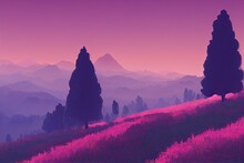 A Digital Painting Of A Pink Landscape With Trees And Mountains In The Background And Clouds In The Sky Over The Top Of The Trees And Below. Generative Ai