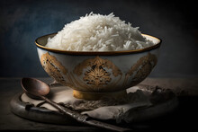 Cooked Plain White Basmati Rice Or Steamed Rice In Bowl, Generative AI