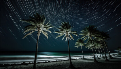 Tropical night summer beach, stunning seascape scene with starry sky, ocean and palm trees. Sea shore outdoor background. Vacation travel destinations. AI generative image.