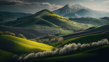 Aerial View Of Sunny Fields And Meadows. Springtime Outdoor Agricultural Background. AI Generative Image.
