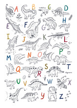 Dinosaur Line Alphabet Poster Vector Illustrations Set.