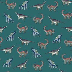 Wall Mural - Dinosaur brontosaurus doodle vector seamless pattern.