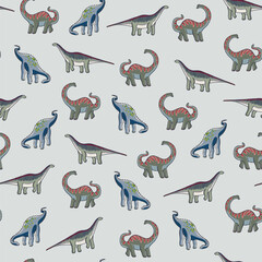 Wall Mural - Dinosaur brontosaurus doodle vector seamless pattern.