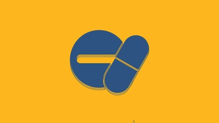 Sticker - Blue Medicine pill or tablet icon isolated on orange background. Capsule pill and drug sign. Pharmacy design. 4K Video motion graphic animation