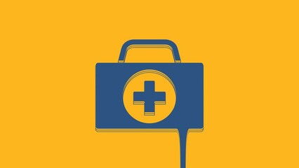 Sticker - Blue First aid kit icon isolated on orange background. Medical box with cross. Medical equipment for emergency. Healthcare concept. 4K Video motion graphic animation