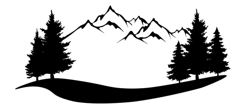 Fototapete - Black silhouette of mountains and fir trees camping adventure wildlife landscape panorama illustration icon vector for logo, isolated on white background.