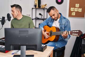 Poster - Two men musicians singing song playing piano and classical guitar at music studio